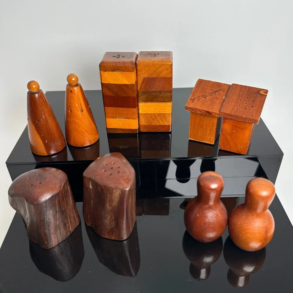 Vintage Salt Pepper Shaker Set Lot of 5 Wood Inlay Souvenir Novelty Rustic Mini